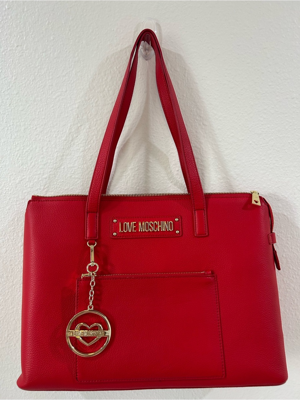 Love Moschino Red Tote Bag with Gold Logo Charm Purse